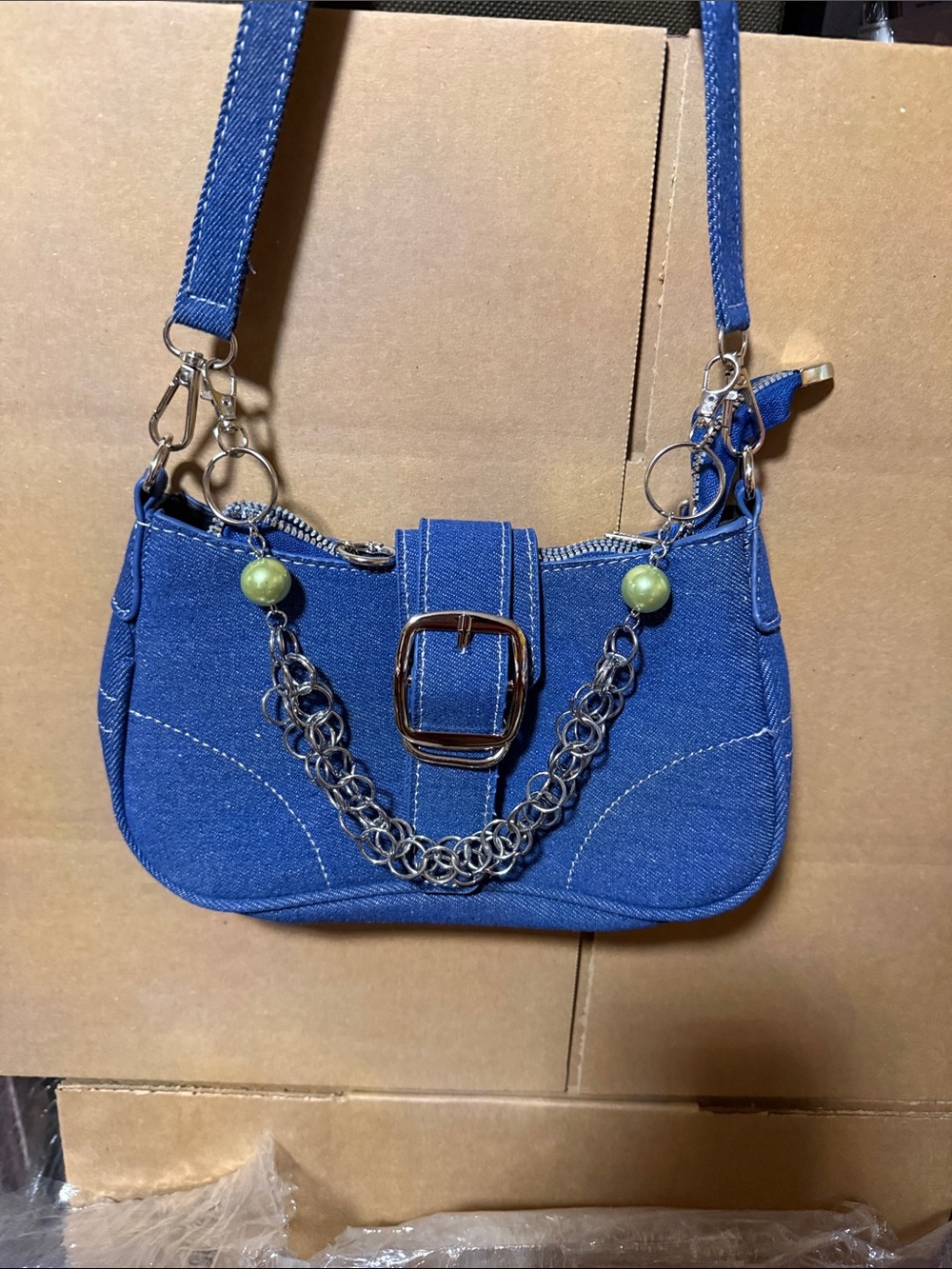 Blue Denim Silver Chain-Accent Shoulder Bag, bag not for sale